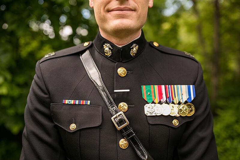Close up of a person wearing a military uniform