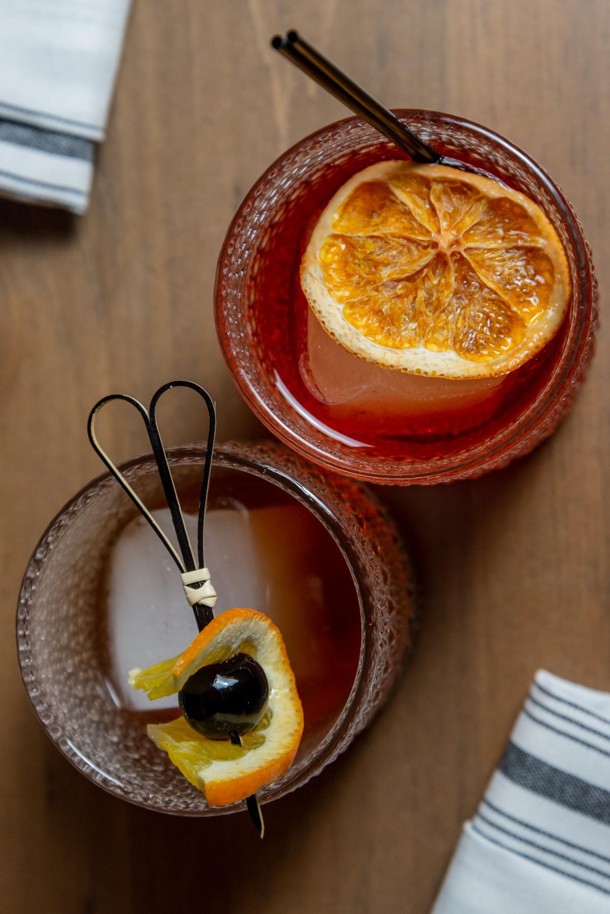 A top down view of two cocktails