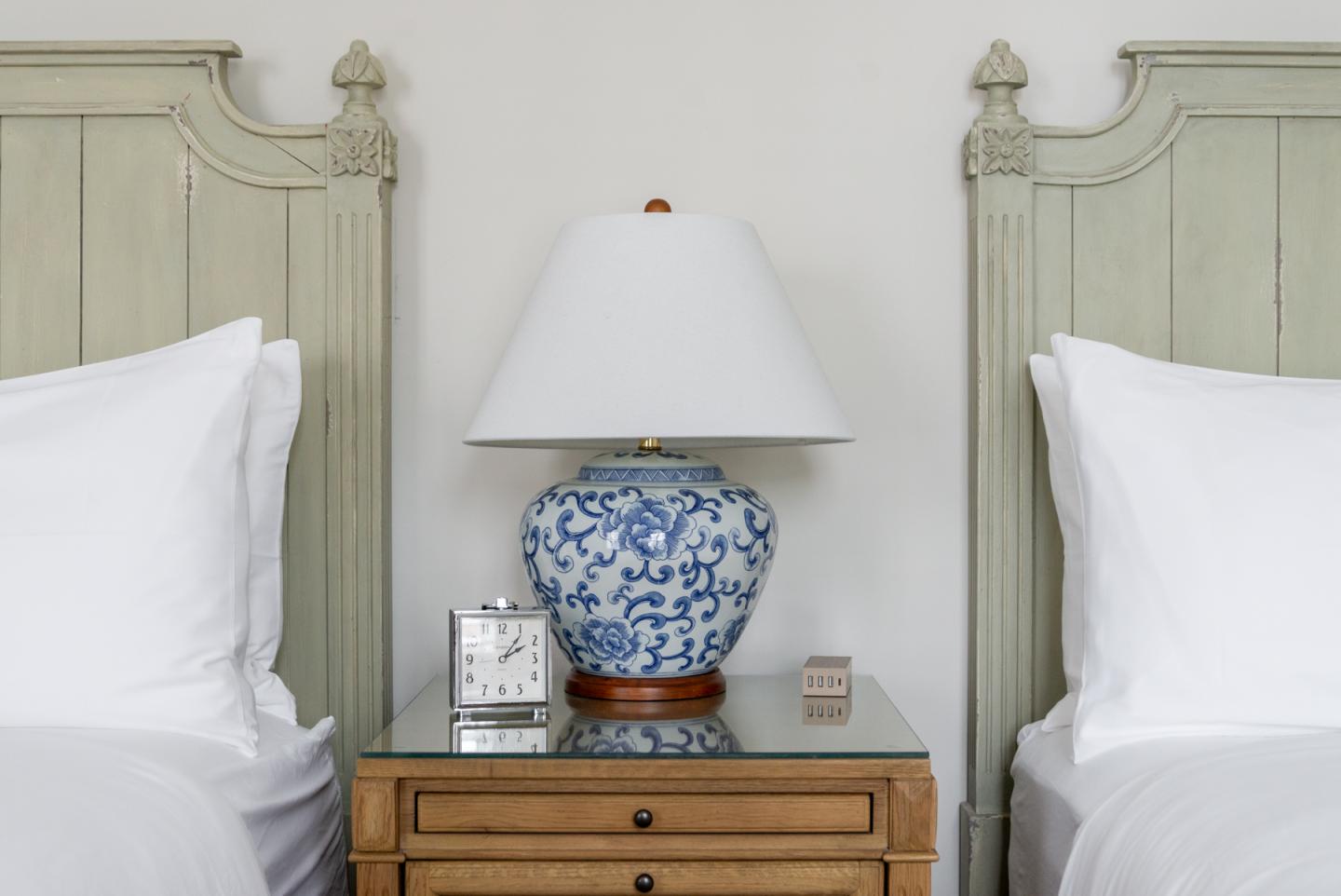 A close up of hotel bedframes