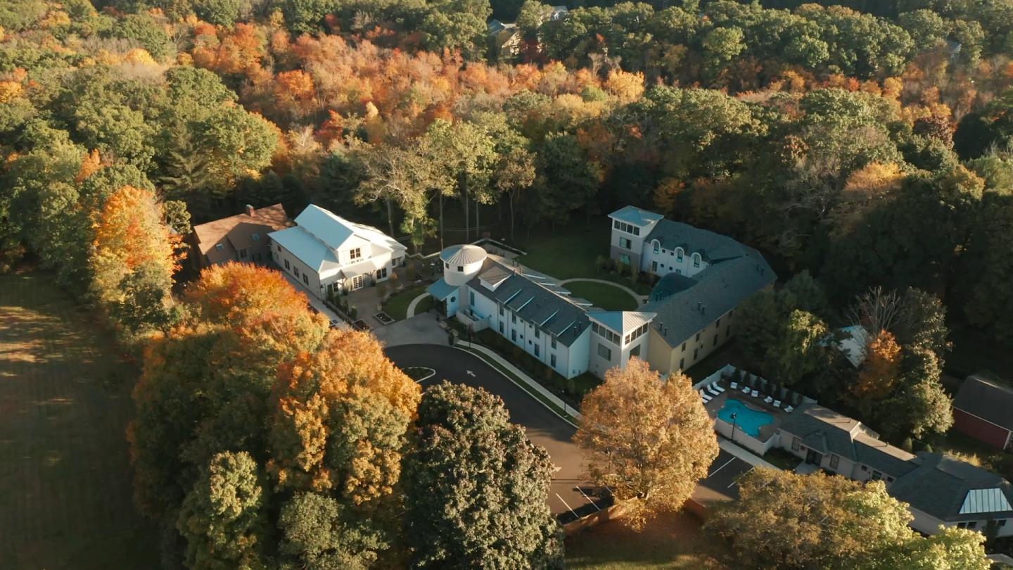 An aerial view of a property