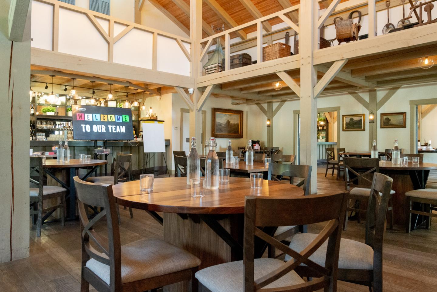 A restaurant set up for a business event