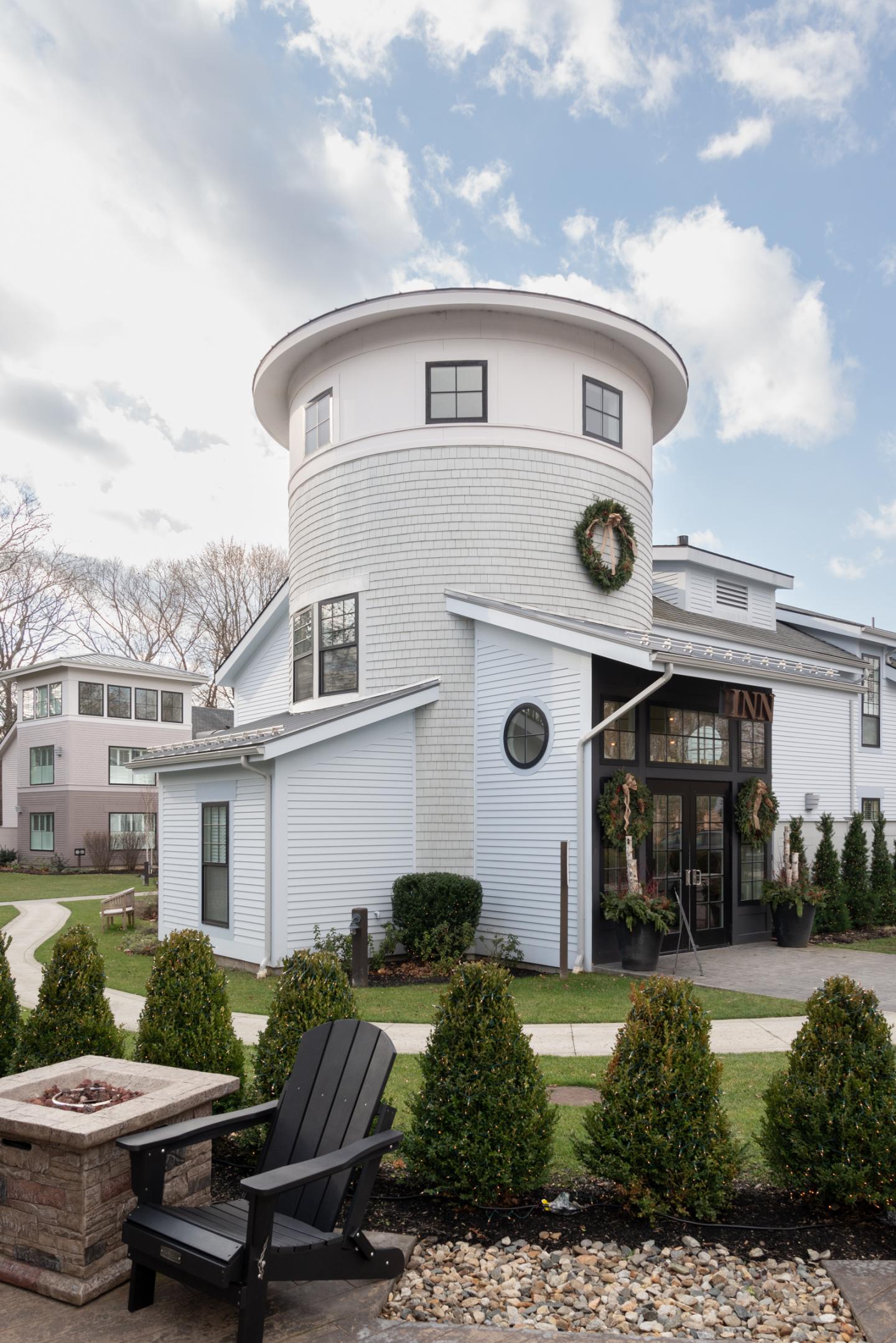 inn entrance with holiday decor