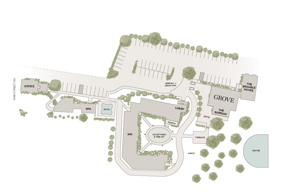 Site map with labeled buildings, parking lots, and green areas.