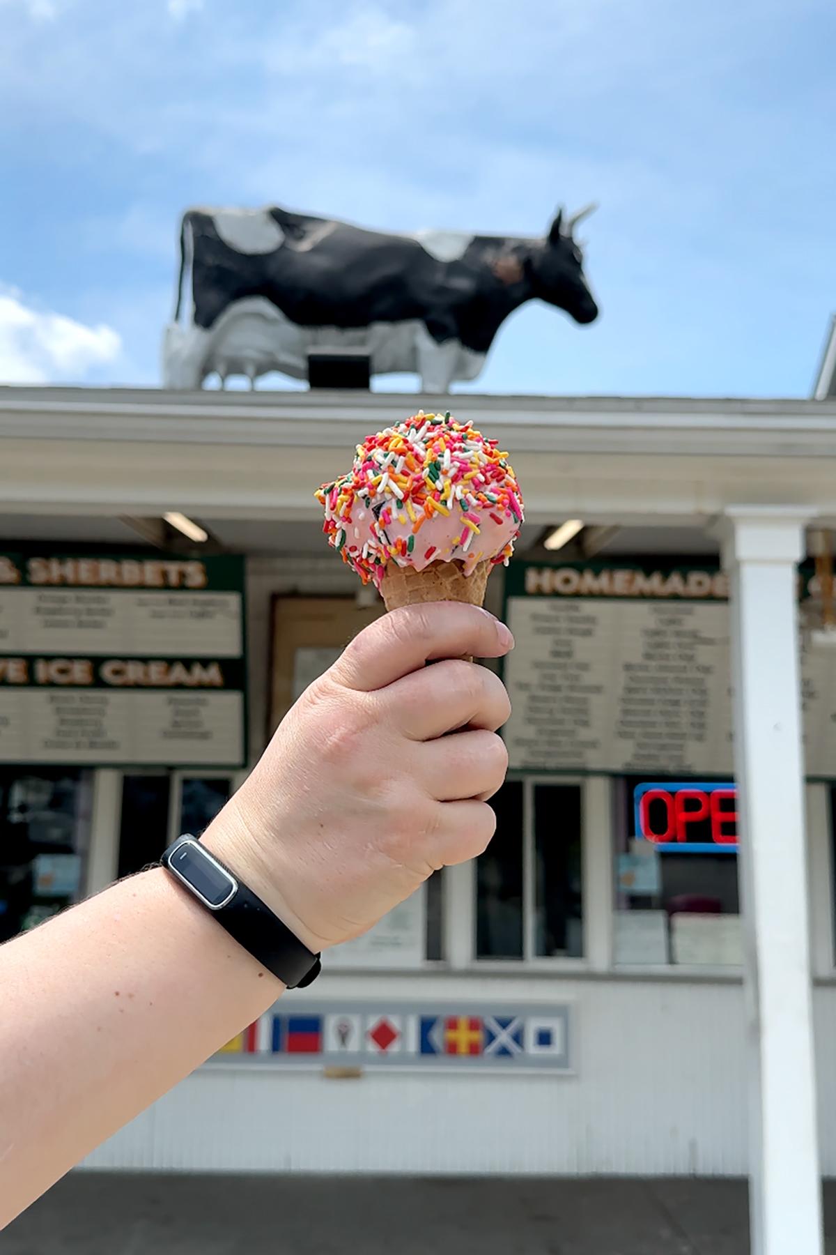 Hand holding ice cream with sprinkles, cow statue on the roof in background.